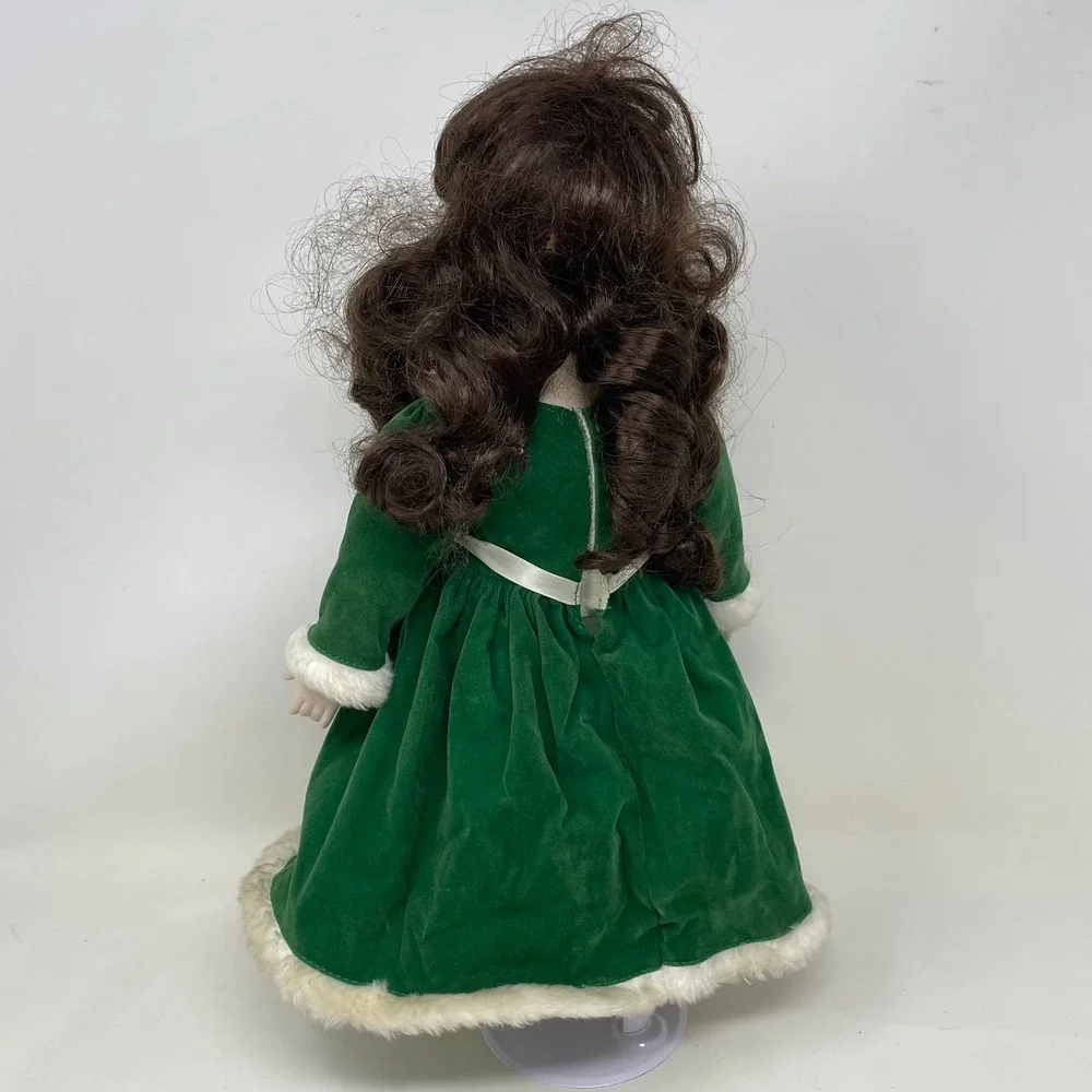 Vintage Porcelain Doll Green Velvet Christmas Dress Brunette Green Eyes Stand